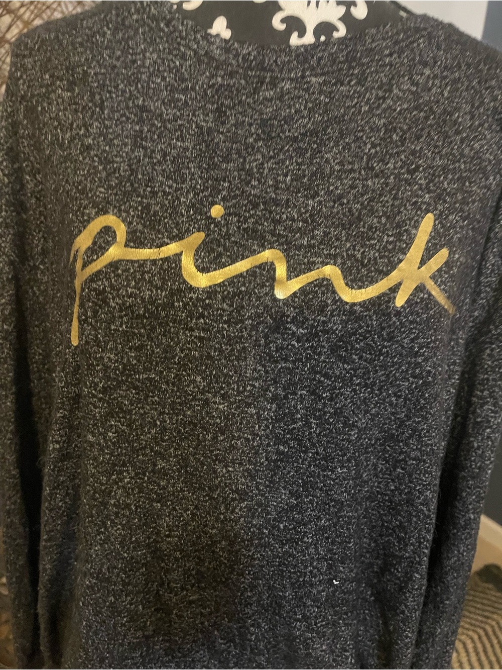 PINK Victoria's Secret Black Glitter Long-Sleeve Top with Gold Script NWOT - Picture 3 of 5